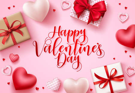 Happy valentines day vector background. Happy valentines day greeting text with hearts and gifts elements in pink space background template. Vector illustrationのイラスト素材