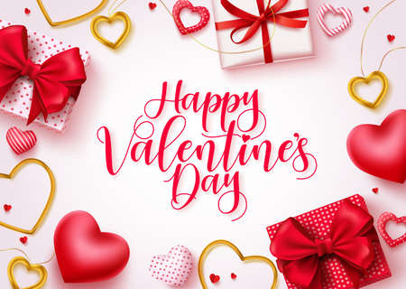 Happy valentines day vector background. Happy valentines day greeting text in empty space with elements like gifts, hearts and jewelries in white background. Vector illustrationのイラスト素材