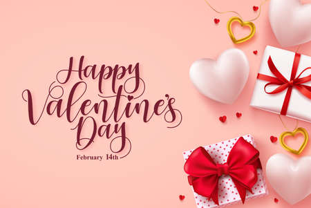Happy valentines day vector banner. Valentines day greeting card with hearts, gifts and jewelries elements and typography. Vector illustration.のイラスト素材
