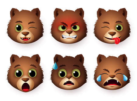 Pandas emoticon face vector set. Emoji of panda bear head animal in angry, scared, crying, and surprise facial expressions isolated in white background. Vector illustration.のイラスト素材