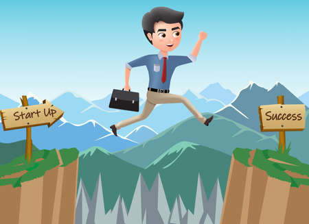 Business character journey to success vector concept. Business man character jumping risk for achievement and promotion process in mountain background. Vector illustration.のイラスト素材