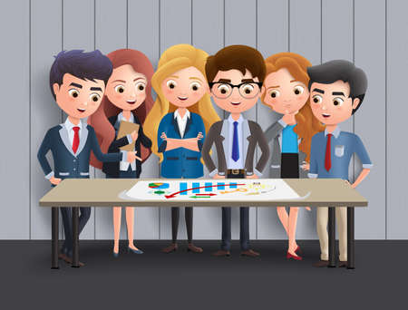 Business characters meeting vector concept. Business character office employee team in meeting for marketing sales and brainstorming ideas. Vector illustration.のイラスト素材