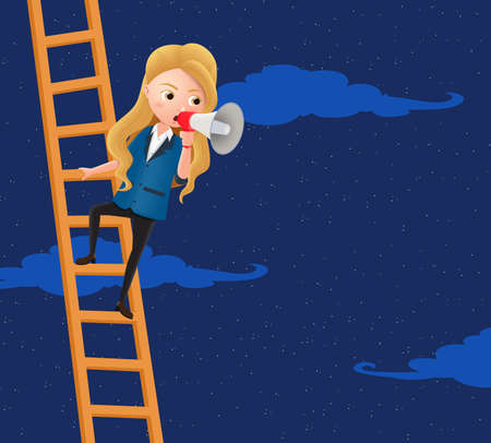 Business character advertising vector concept. Female business character climbing in ladder for attention while holding megaphone for advertising and marketing sales. Vector illustration.のイラスト素材