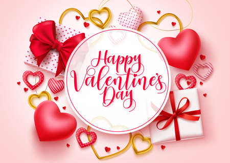 Valentines day vector template background. Happy valentines day greeting typography in white circle space for text  with hearts, gifts, and jewelry elements. Vector Illustrationのイラスト素材