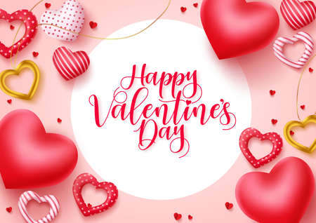 Valentines day vector greeting banner. Happy valentines day typography in white circle space for text with valentine elements like hearts and jewelry in pink background. Vector Illustrationのイラスト素材