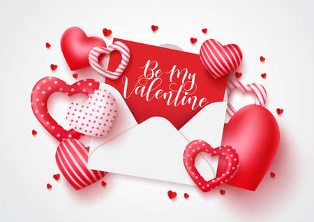 Be my valentine vector greeting card design for valentines day with loveletter and different heart shapes elements in white background. Vector illustration.のイラスト素材
