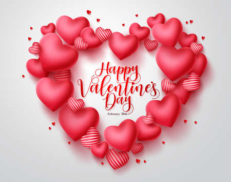 Valentines hearts vector background. Happy valentines day greeting typography in red heart shape space for text with hearts elements in white background. Vector illustration.のイラスト素材