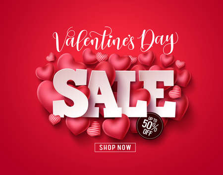 Valentines day sale vector banner. Valentines day sale promotion text with hearts elements in red background. Vector illustration.のイラスト素材