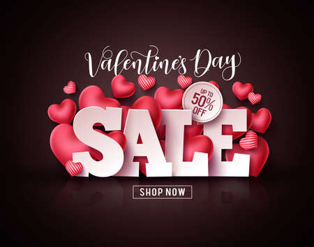 Valentines day sale vector banner. Valentines day discount 3D text with hearts elements in black background. Vector illustration.のイラスト素材