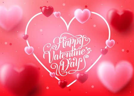 Valentine's Day Background with Realistic 3D Heart in Pink Red Background Romantic Lovely Design. Vector Illustrationのイラスト素材