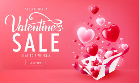 Valentine's Day Lovely Sale Banner Advertisement Realistic Design with Floating 3D Hearts and Confetti from Gift Box. Vector Illustration. For Promotional Purposesのイラスト素材