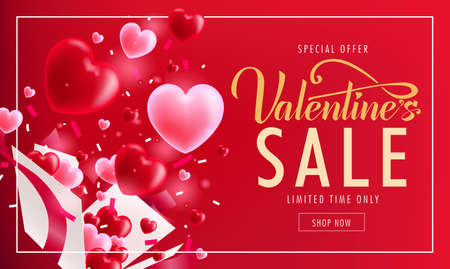 Valentine's Day Sale Realistic Banner in Red Background with White Frame and 3D Pink and Red Heart from Gift Box Lovely Design. Vector Illustration. For Promotional Purposesのイラスト素材