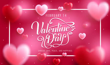 Lovely Valentine's Day Banner with Typography Greeting Message in Red Background with White Frame and Floating 3D Realistic Hearts. Vector Illustrationのイラスト素材