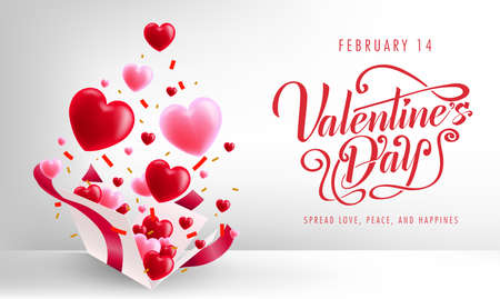Valentine's Day Simple Banner Background Greeting Card Lovely Design with Floating 3D Hearts and Confetti from Gift Box. Vector Illustrationのイラスト素材