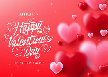 Happy Valentine's Day Lovely Greeting Card with Realistic Clear and Blurry Hearts Cute Design in Red Background. Vector Illustrationのイラスト素材