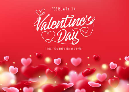 Valentine's Day Romantic Greeting Card Poster Design with Lots of Falling Hearts and Yellow Glowing Hearts. Vector Illustrationのイラスト素材
