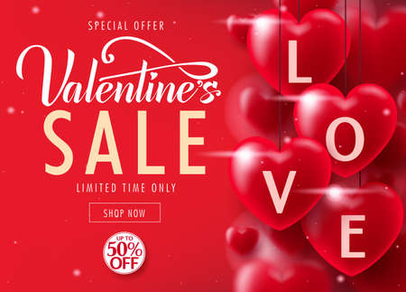 Valentine's Day Sale Special Offer Lovely Promotional Poster Design Up To 50% Off Advertisement for Limited time only with Lots of Realistic Red Hearts. Vector Illustrationのイラスト素材