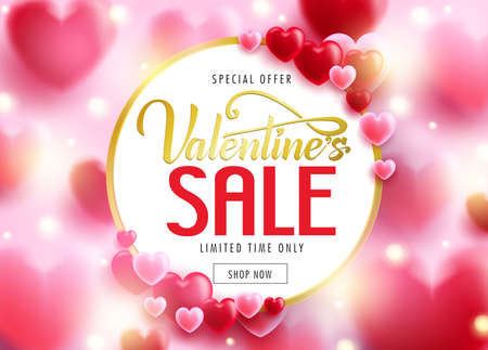 Valentine's Sale Advertisement 3D Realistic Poster with Blurry Hearts in the Background Lovely Romantic Design with Circle Space for Text in the Middle. For Promotional Purposesのイラスト素材