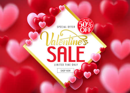 Valentine's Sale Lovely Poster with Space for Text at the Middle in Red Background with Blurry Hearts Special Offer for Limited Time Only. Vector Illustration For Promotional Purposesのイラスト素材