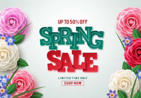 Spring sale vector banner design. Spring sale 3D text with colorful camellia flower elements in white background for spring seasonal discount promotion. Vector illustration.のイラスト素材
