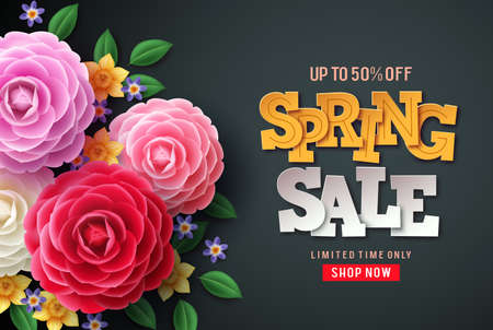 Spring sale vector flowers background. Spring sale text, colorful camellia flowers and crocus flowers in back background for spring seasonal promotion.のイラスト素材