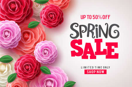 Spring sale vector flowers background. Spring sale discount text and colorful camellia flowers in white background for spring seasonal marketing promotion. Vector illustration.のイラスト素材