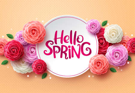 Hello spring flowers vector background. Hello spring greeting text in white space and colorful camellia flowers in orange pattern background. Vector illustration.のイラスト素材