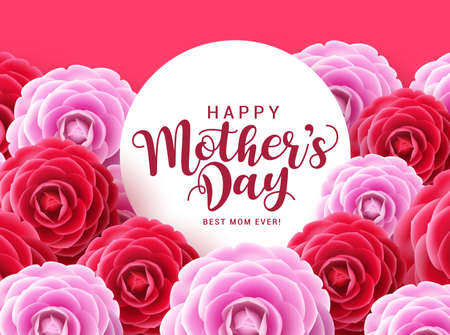 Happy mother's day vector greeting card design. Happy mother's day typography in white circle space with red and pink camellia flowers background. Vector illustrationのイラスト素材