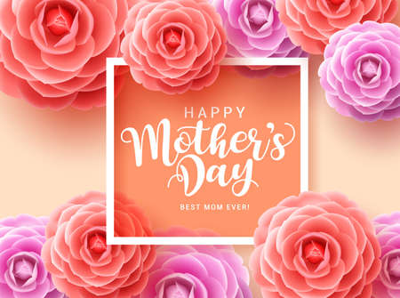 Mother's day vector greetings card design. Happy mother's day typography for mothers with colorful camellia flowers and white frame in orange background. Vector illustration.のイラスト素材