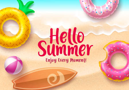 Hello summer banner design. Hello summer text with colorful beach elements like floating donuts and pineapple floaters in seaside top view background design for holiday season.のイラスト素材
