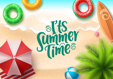 It's summer time banner design. Summer text in seaside top view background with colorful beach elements like floaters, surfboard, beach ball, umbrella and tropical palm tree for holiday season.のイラスト素材