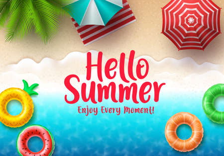 Hello summer text banner. Summer beach top view with colorful floating beach elements, umbrella and tropical palm tree in seashore background for holiday season.のイラスト素材