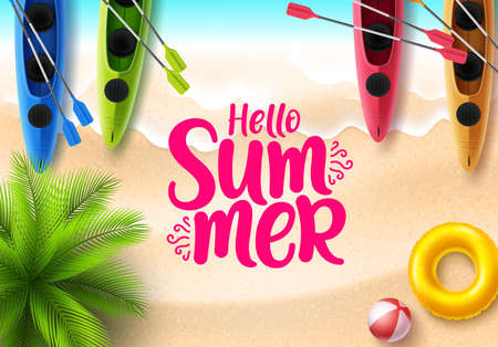 Hello summer vector banner design. Hello summer text with  beach top view and beach elements like colorful floating kayak boat in sea side background for summer holiday season. Vector illustration.のイラスト素材