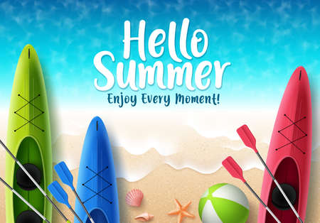 Hello summer vector banner design. Hello summer text with colorful kayak boat and beach elements like beach ball and seashells in seaside top view background. Vector illustrationのイラスト素材