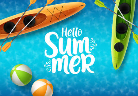Hello summer vector banner design. Floating kayak boat with beach ball elements and hello summer text in blue space top view background for holiday season. Vector illustration.のイラスト素材