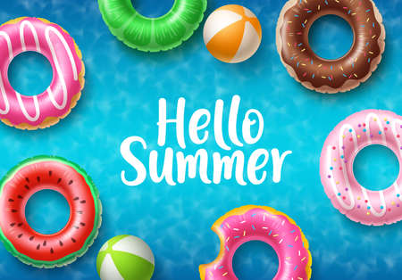Hello summer banner design. Hello summer text with floating summer beach elements like colorful donuts floaters and beach ball in top view background for holiday season.のイラスト素材