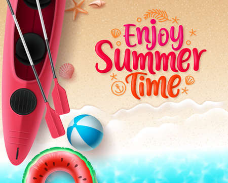 Summer time vector banner design. Enjoy summer text in sand with space for text and colorful beach elements like floating kayak boat, beach ball, floater and sea shells in top view seaside background. Vector illustrationのイラスト素材