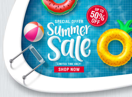 Summer sale vector banner design. Summer discount promotion text with floating beach elements in swimming pool background for seasonal promotion purposes. Vector illustration.のイラスト素材