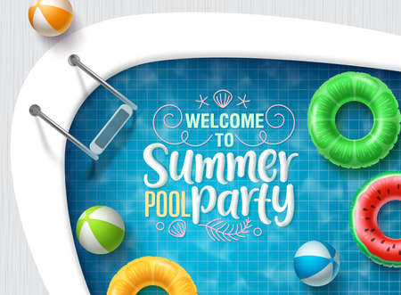 Summer vector banner design. Summer pool party text with floating beach elements for holiday seasonal promotion. Vector illustration.のイラスト素材