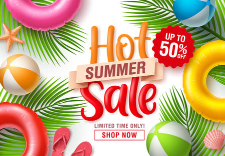 Summer sale vector banner design. Summer hot sale text with beach elements like floaters, beach ball, and palm leaves for promotional discount in white background. Vector illustration.のイラスト素材