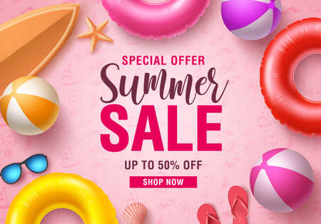 Summer sale vector banner design. Summer sale promotional discount text with summer beach elements like floaters, beach ball, flip flop and sunglasses in pink pattern background. Vector illustration.のイラスト素材