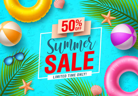 Summer sale vector banner design. Summer sale discount text in blue pattern background with beach elements like floater, beach ball, sunglasses and palm leaves for seasonal promotion. Vector illustration.のイラスト素材