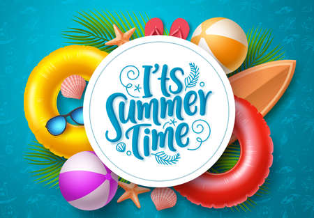 Summer time vector banner template. It's summer time typography in white circle space for text with beach elements like floater, surfboard, beach ball and palm leaves in blue pattern background. Vector illustration.のイラスト素材