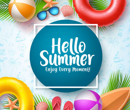 Hello summer vector banner template. Hello summer typography in blue circle space for text with beach elements like floaters, flip flop, beach ball and palm tree in white pattern background. Vector illustration.のイラスト素材