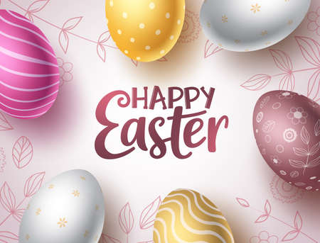Happy easter egg vector background design. Happy easter text with colorful pattern eggs in cute doodle background for easter celebration. Vector illustration.のイラスト素材