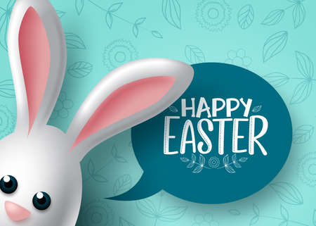 Happy easter bunny character vector background design. Happy easter text with cute bunny rabbit cartoon character in doodle background. Vector illustration.のイラスト素材