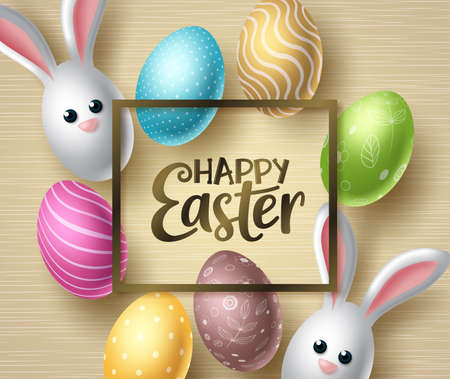 Happy easter vector background design. Happy easter typography in space frame for text with colorful egg patterns and cute bunny rabbit in wood textured background. Vector illustration.のイラスト素材
