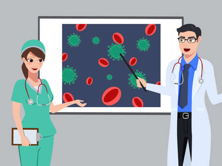 Medical character vector concept design. Doctor and nurse hospital staff characters showing presentation of corona virus outbreak in whiteboard. Vector illustration.のイラスト素材
