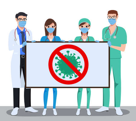 Medical front liners characters vector concept design. Medical team doctors and nurses character holding white board showing stop corona virus sign with space for text. Vector illustration.のイラスト素材