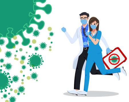 Medical front liners character vector concept design. Medical doctor and nurse character fighting corona virus outbreak holding and carrying covid-19 vaccine. Vector illustration.のイラスト素材